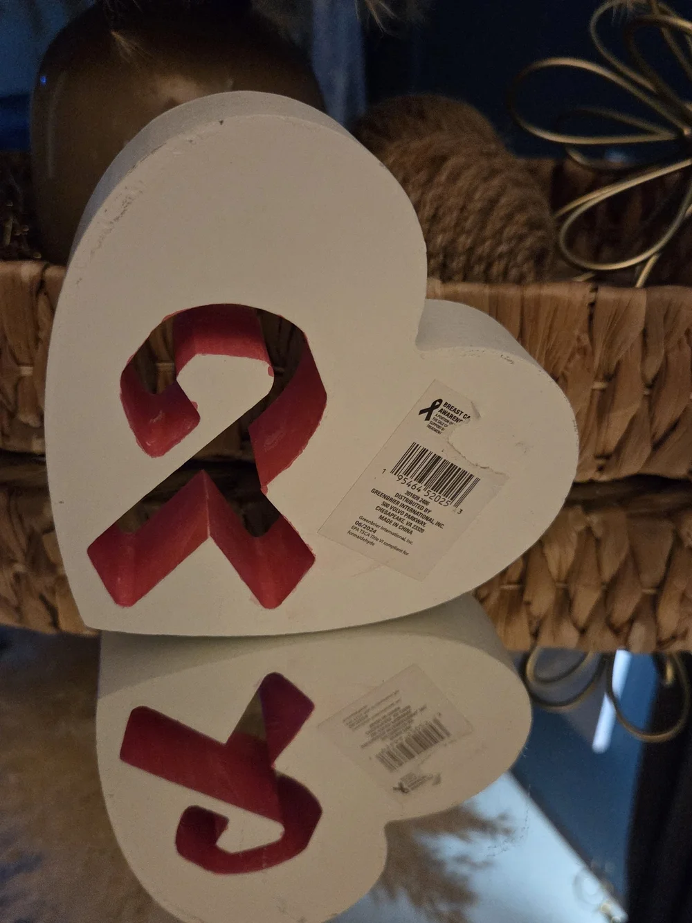Pink Ribbon Heart Wood Block Sign Breast Cancer Awareness LOVE Shelf Decor